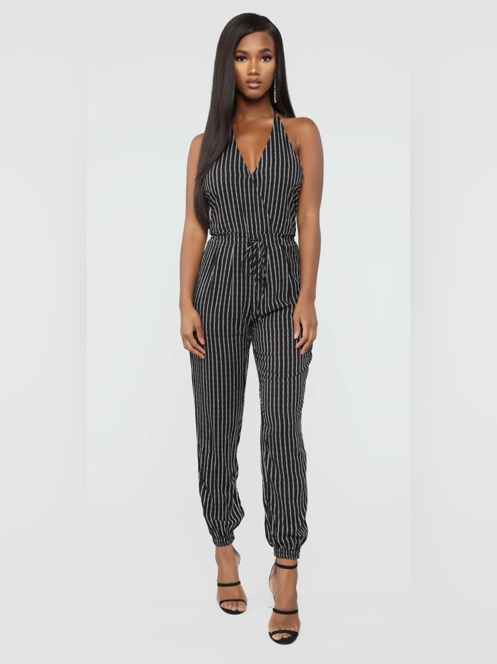 Large Fashion Nova Striped Black & White Halter Jumpsuit